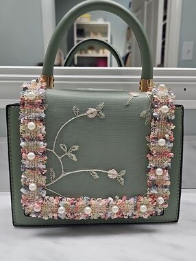 Sage Green Floral-Embroidered Top-Handle Satchel with Pearl Trim